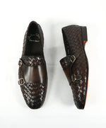 SANTONI - Brown Hand Antiqued Woven Leather Monk Strap Loafers - 10.5