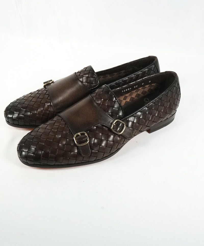 SANTONI - Brown Hand Antiqued Woven Leather Monk Strap Loafers- 10.5