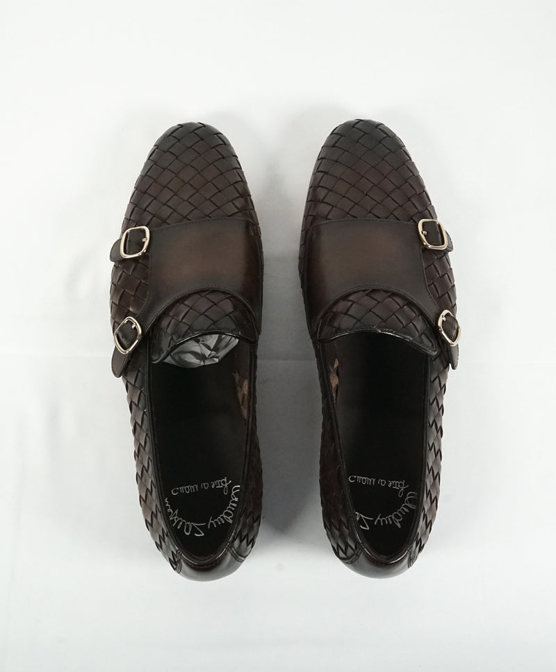 SANTONI - Brown Hand Antiqued Woven Leather Monk Strap Loafers - 10.5