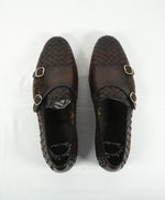 SANTONI - Brown Hand Antiqued Woven Leather Monk Strap Loafers- 10.5