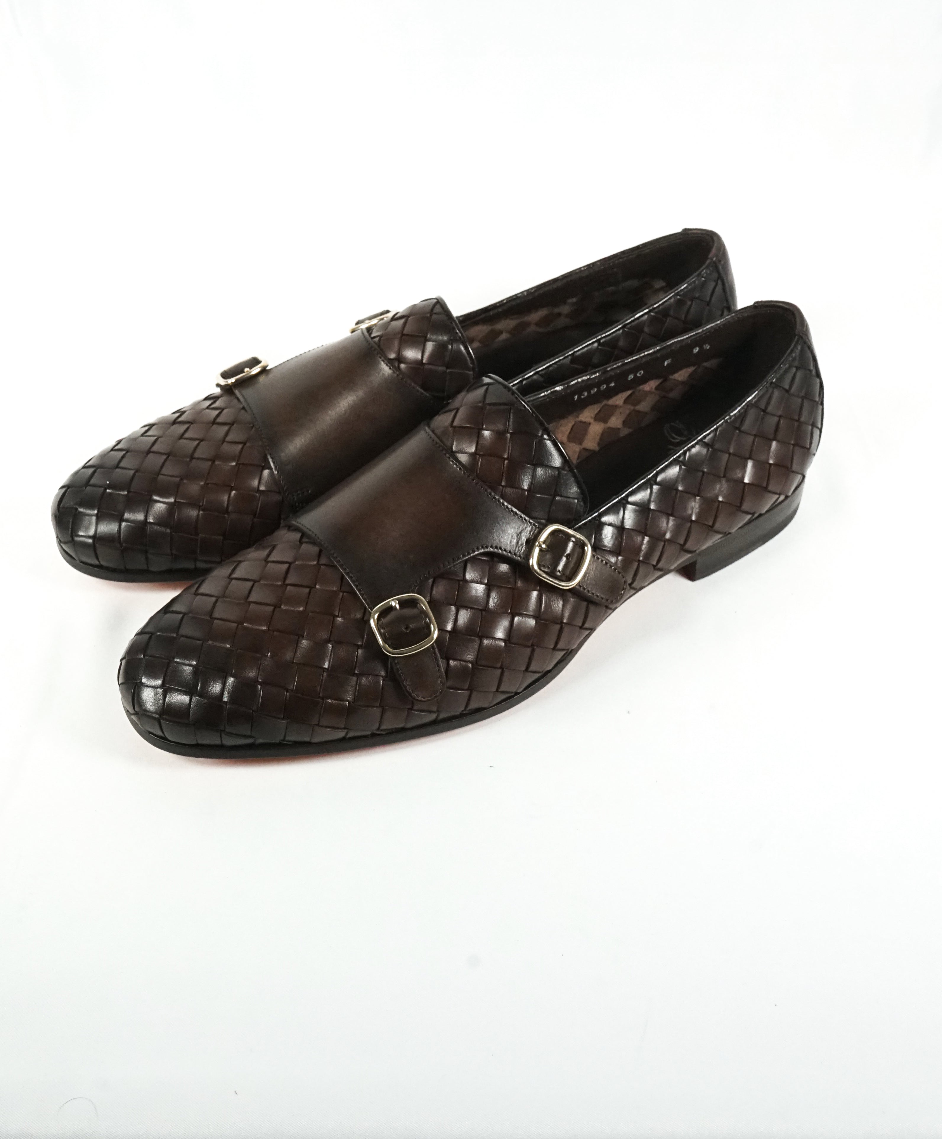SANTONI - Brown Hand-Antiqued Woven Leather Monk Strap Loafers - 10.5