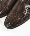 SANTONI - Brown Hand-Antiqued Woven Leather Monk Strap Loafers - 10.5