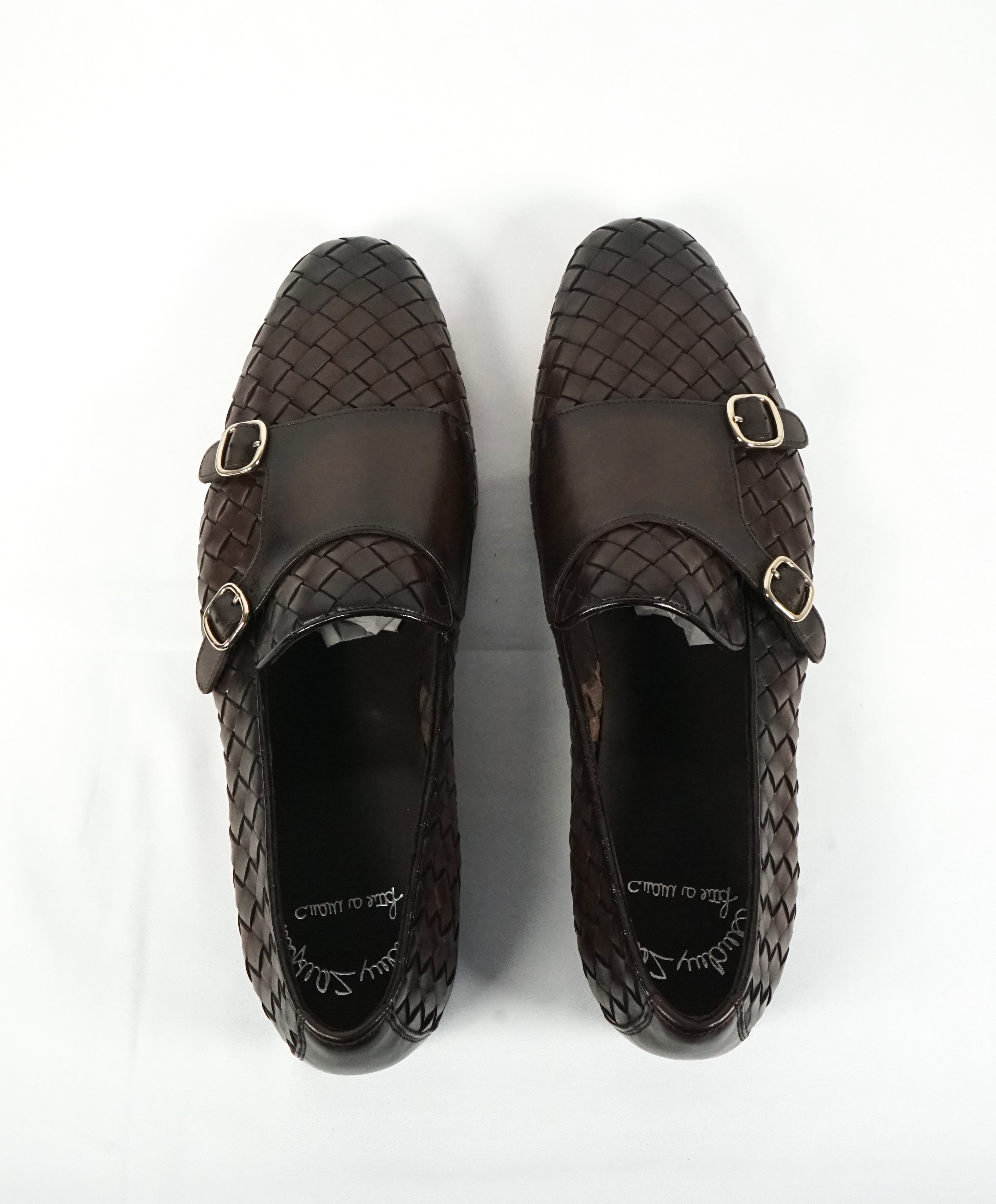 SANTONI - Brown Hand-Antiqued Woven Leather Monk Strap Loafers - 10.5