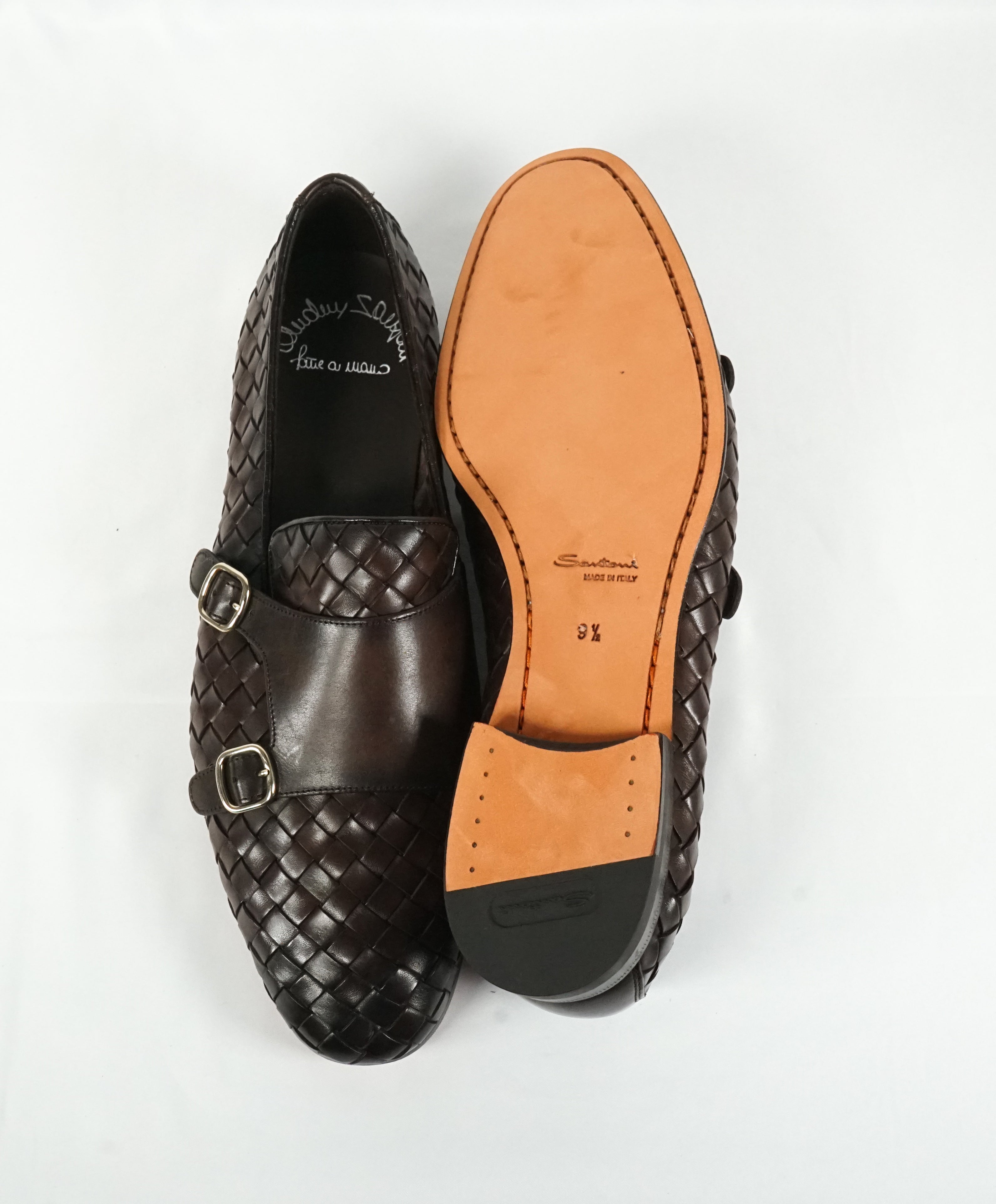 SANTONI - Brown Hand-Antiqued Woven Leather Monk Strap Loafers - 10.5