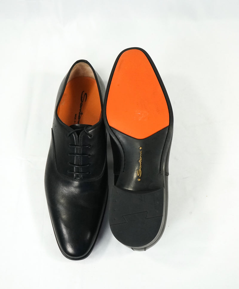 SANTONI - “Fenwick” Black Plain Vamp Slim Oxfords Orange Sole - 10.5