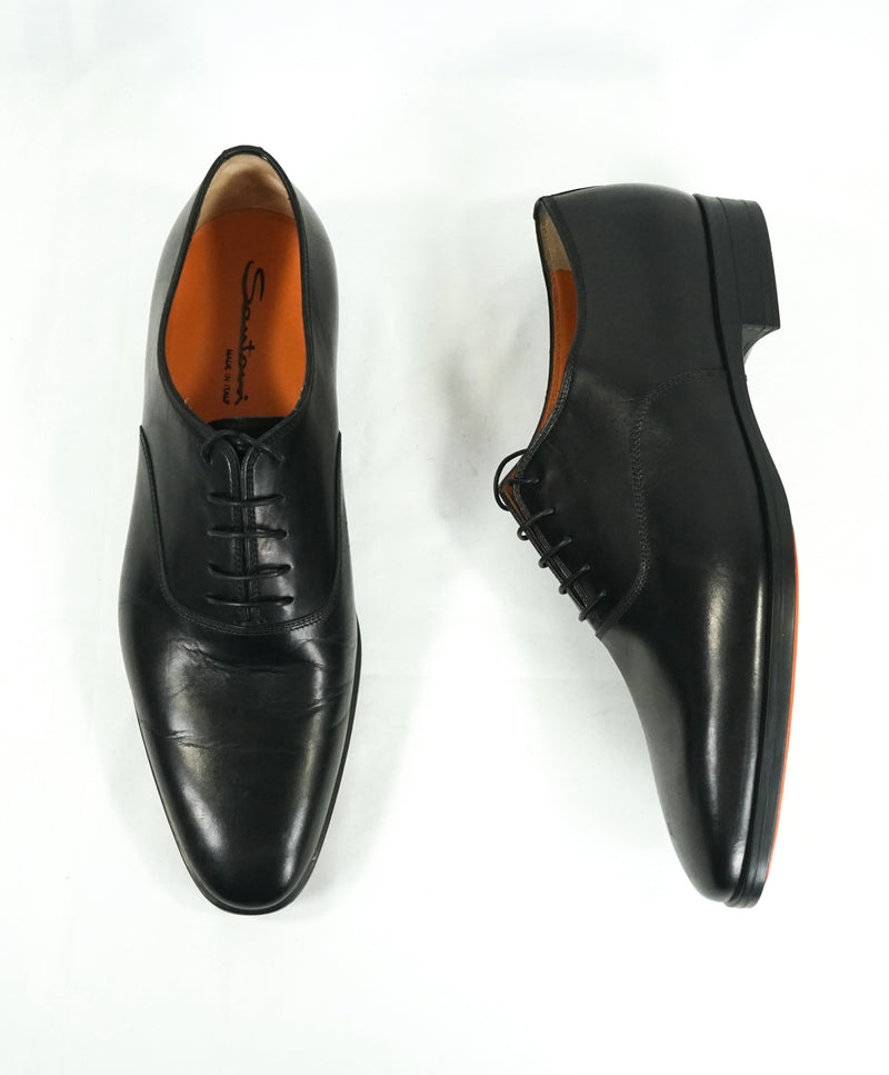 SANTONI - “Fenwick” Black Plain Vamp Slim Oxfords Orange Sole - 12