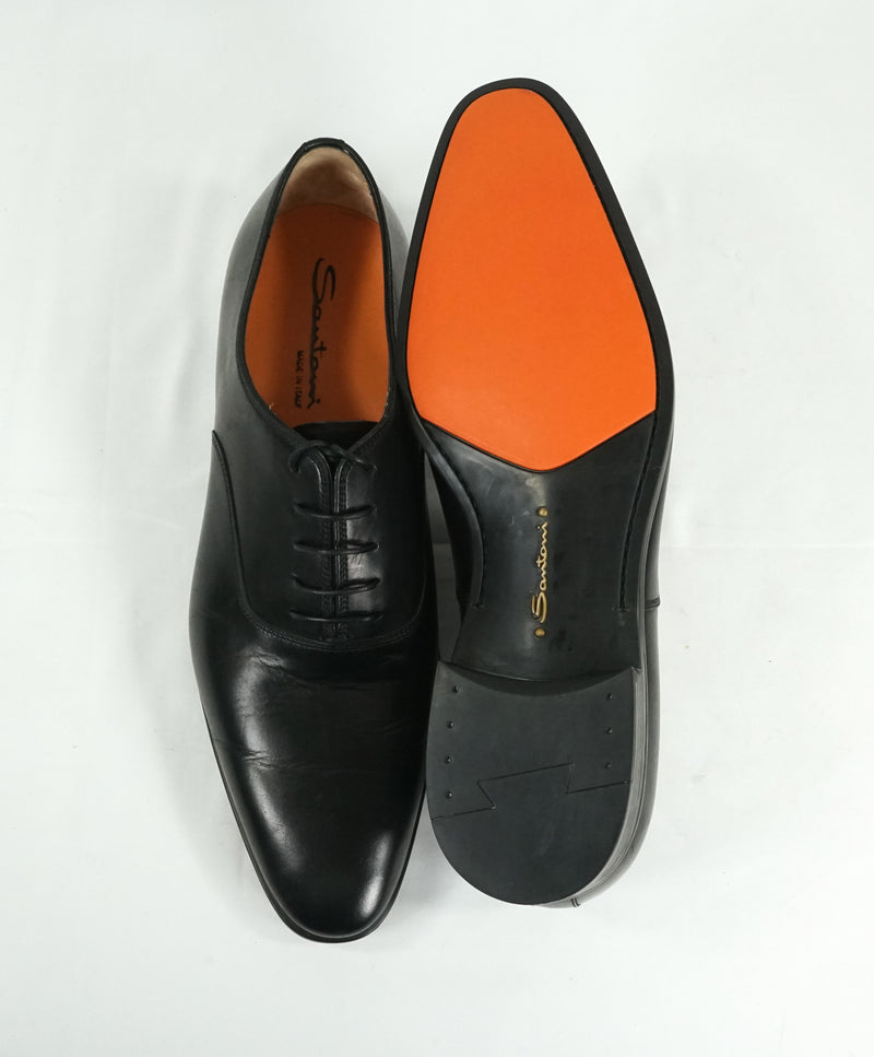 SANTONI - “Fenwick” Black Plain Vamp Slim Oxfords Orange Sole - 12