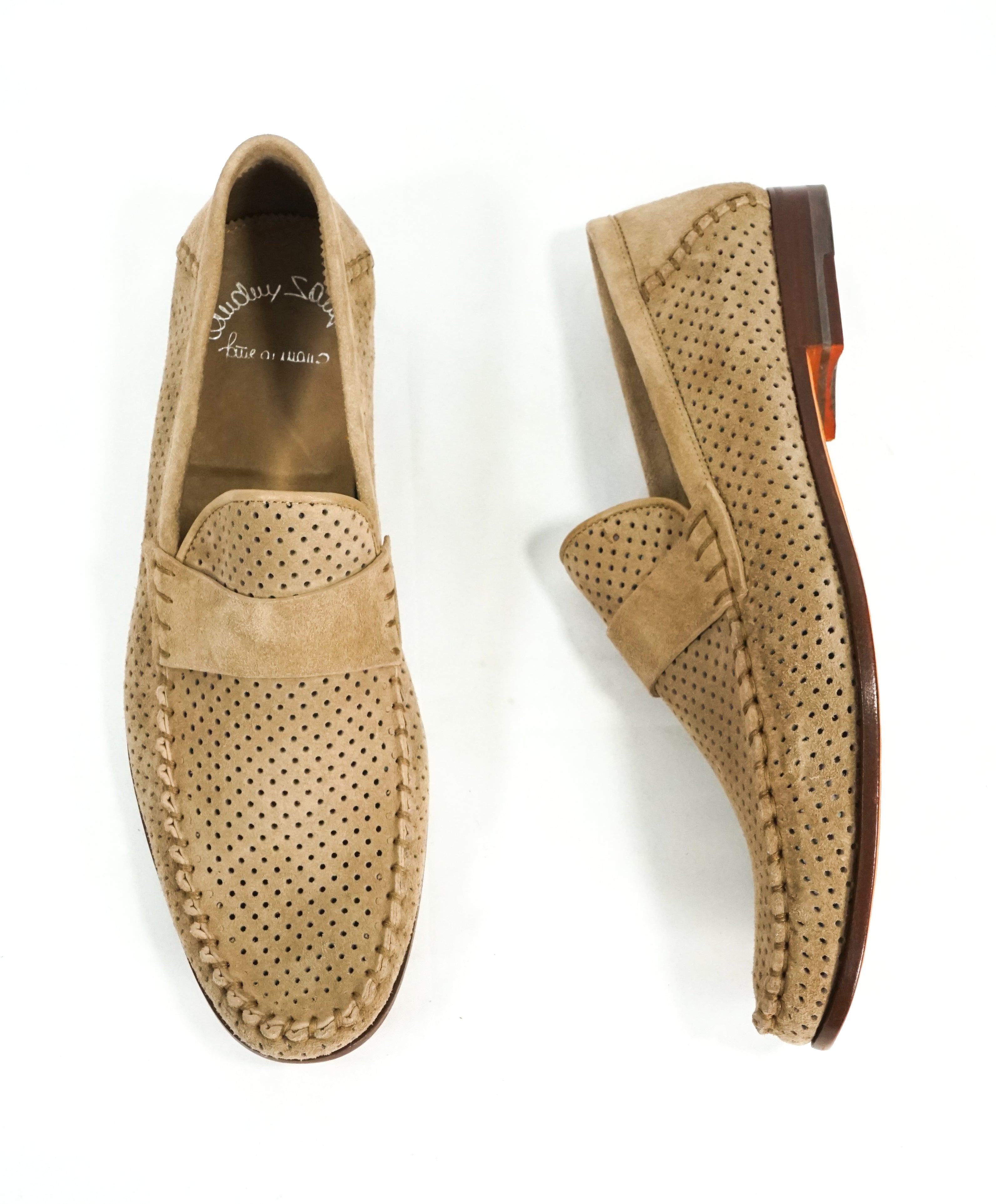 SANTONI - Beige Suede Leather Perforated Unlined Venetian Loafers - 11