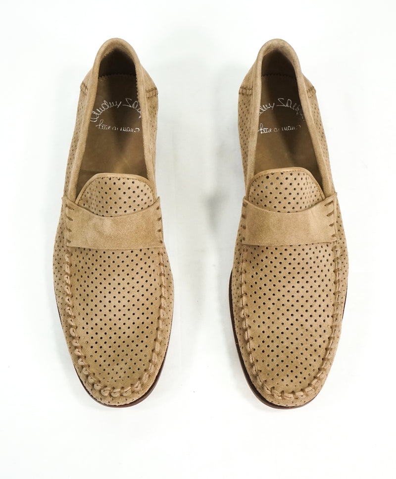 SANTONI - Beige Suede Leather Perforated Unlined Venetian Loafers - 8.5