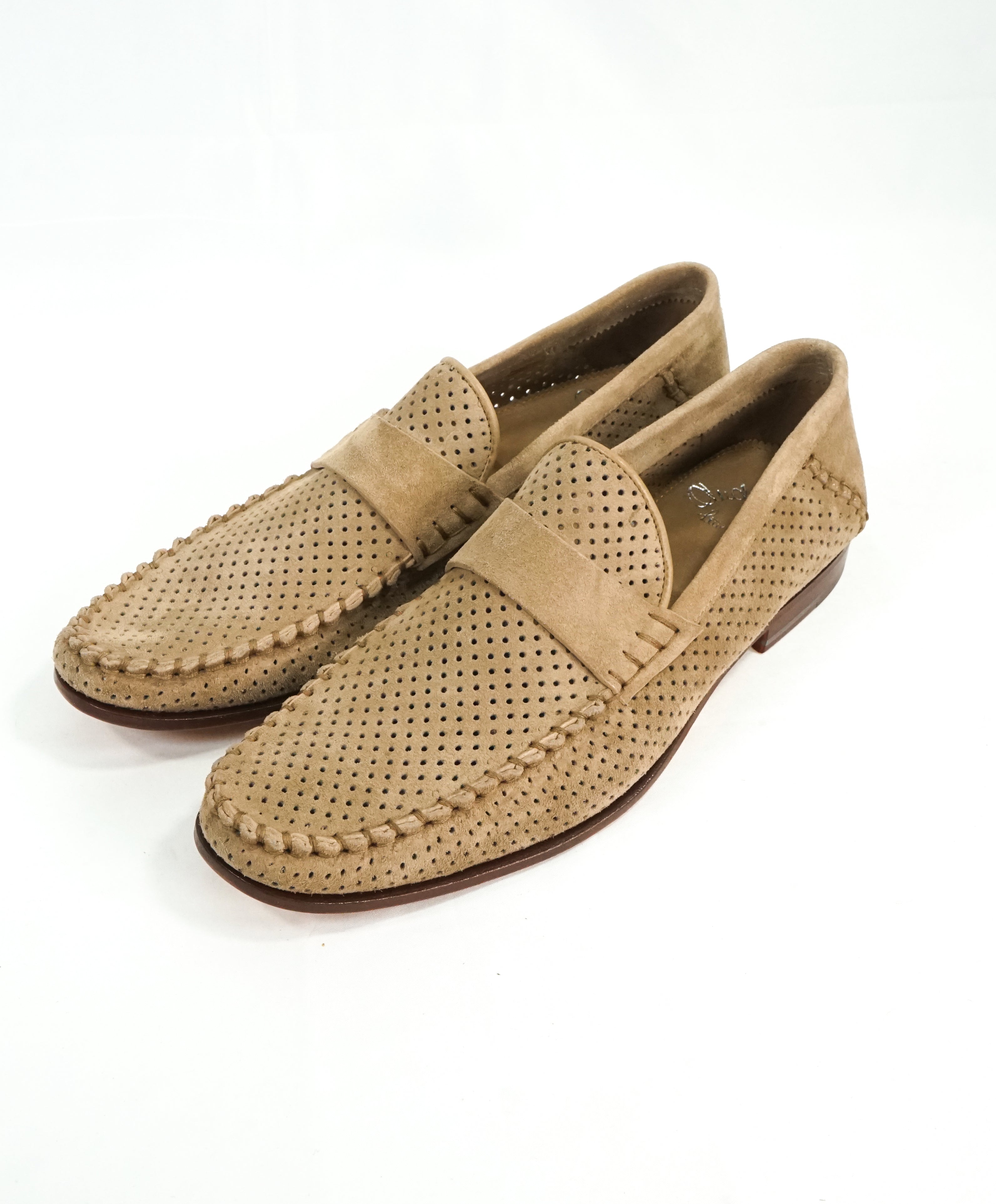 SANTONI - Beige Suede Leather Perforated Unlined Venetian Loafers - 11