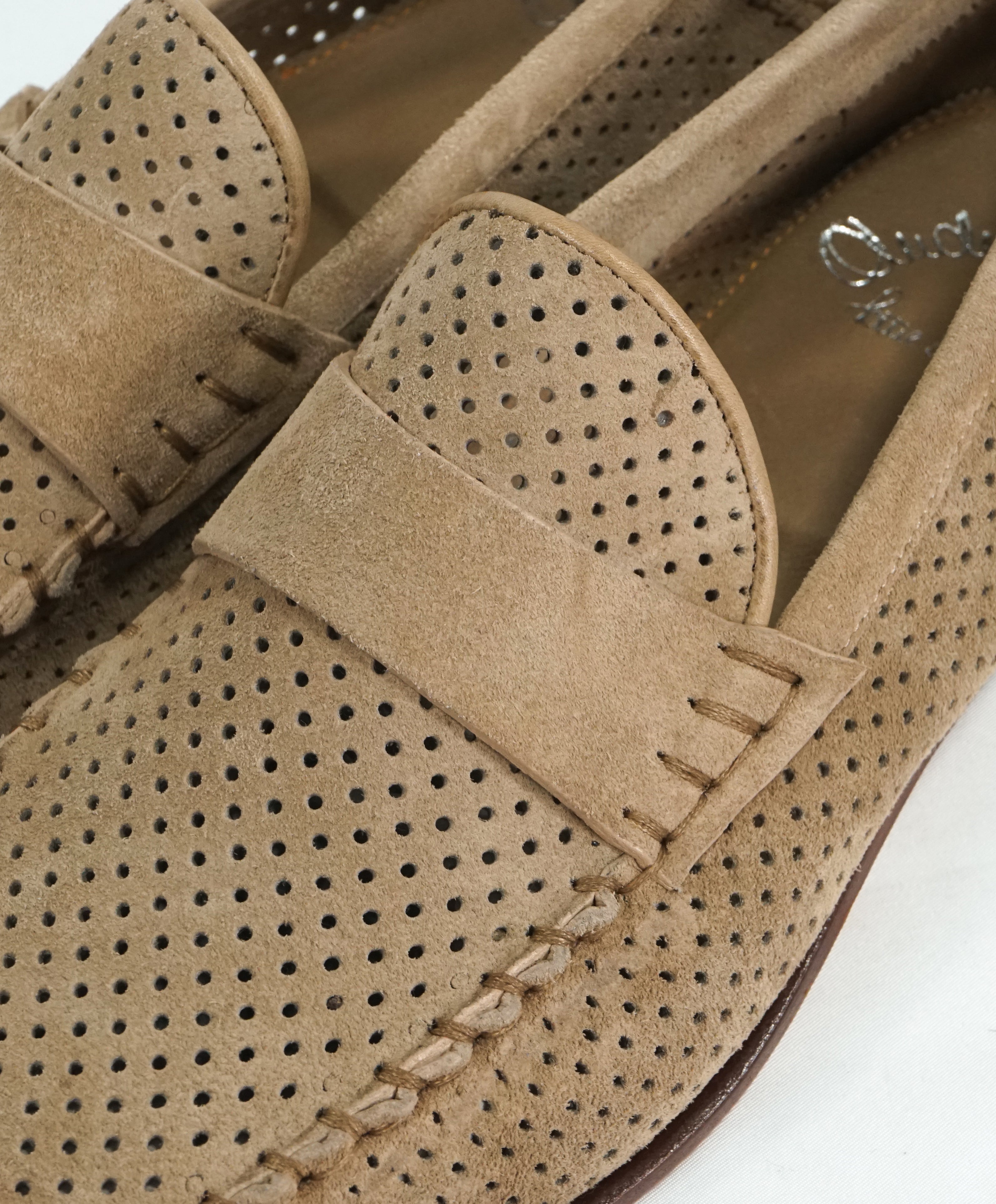 SANTONI - Beige Suede Leather Perforated Unlined Venetian Loafers - 11