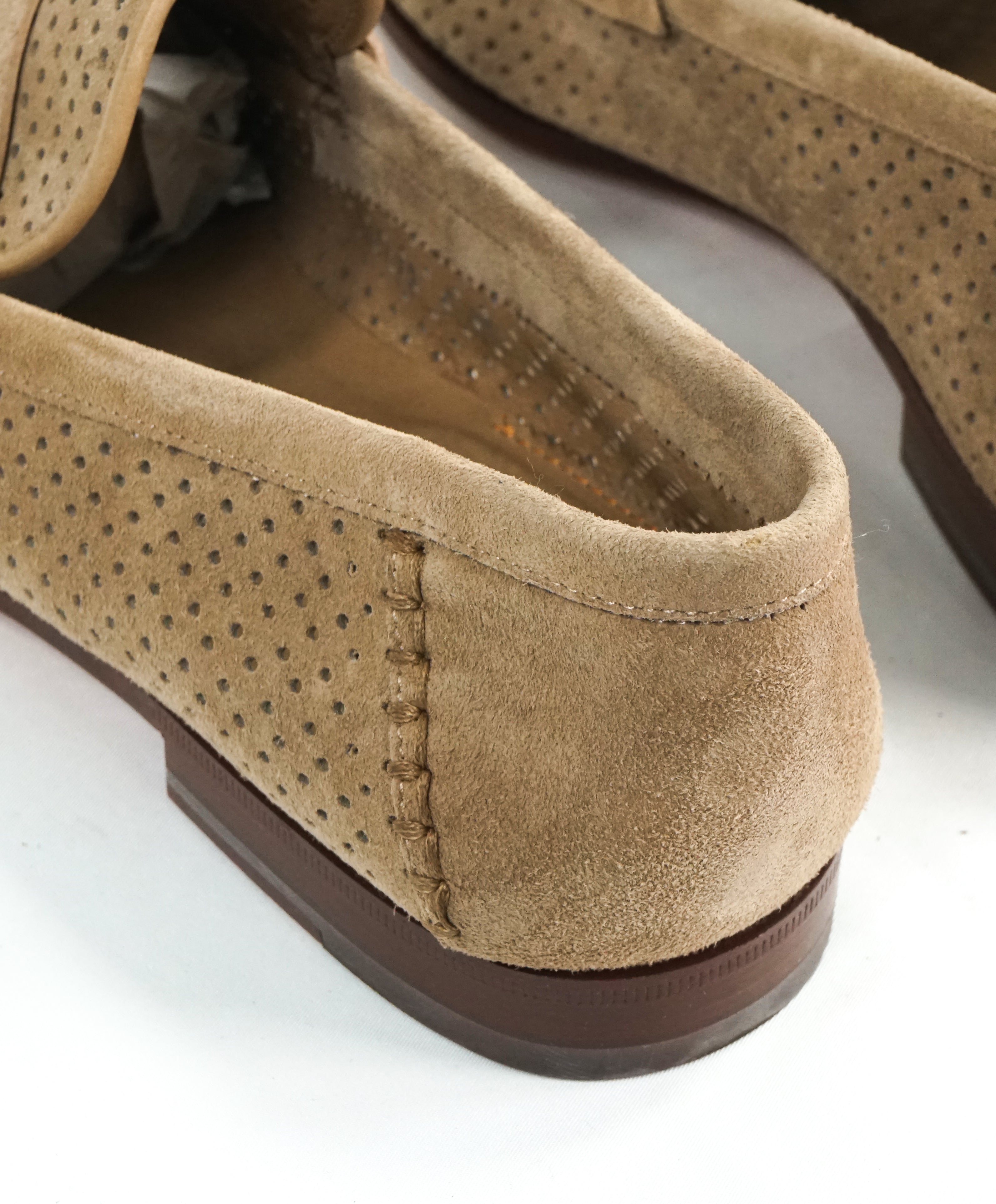 SANTONI - Beige Suede Leather Perforated Unlined Venetian Loafers - 11