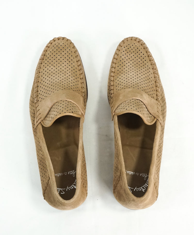 SANTONI - Beige Suede Leather Perforated Unlined Venetian Loafers - 8.5