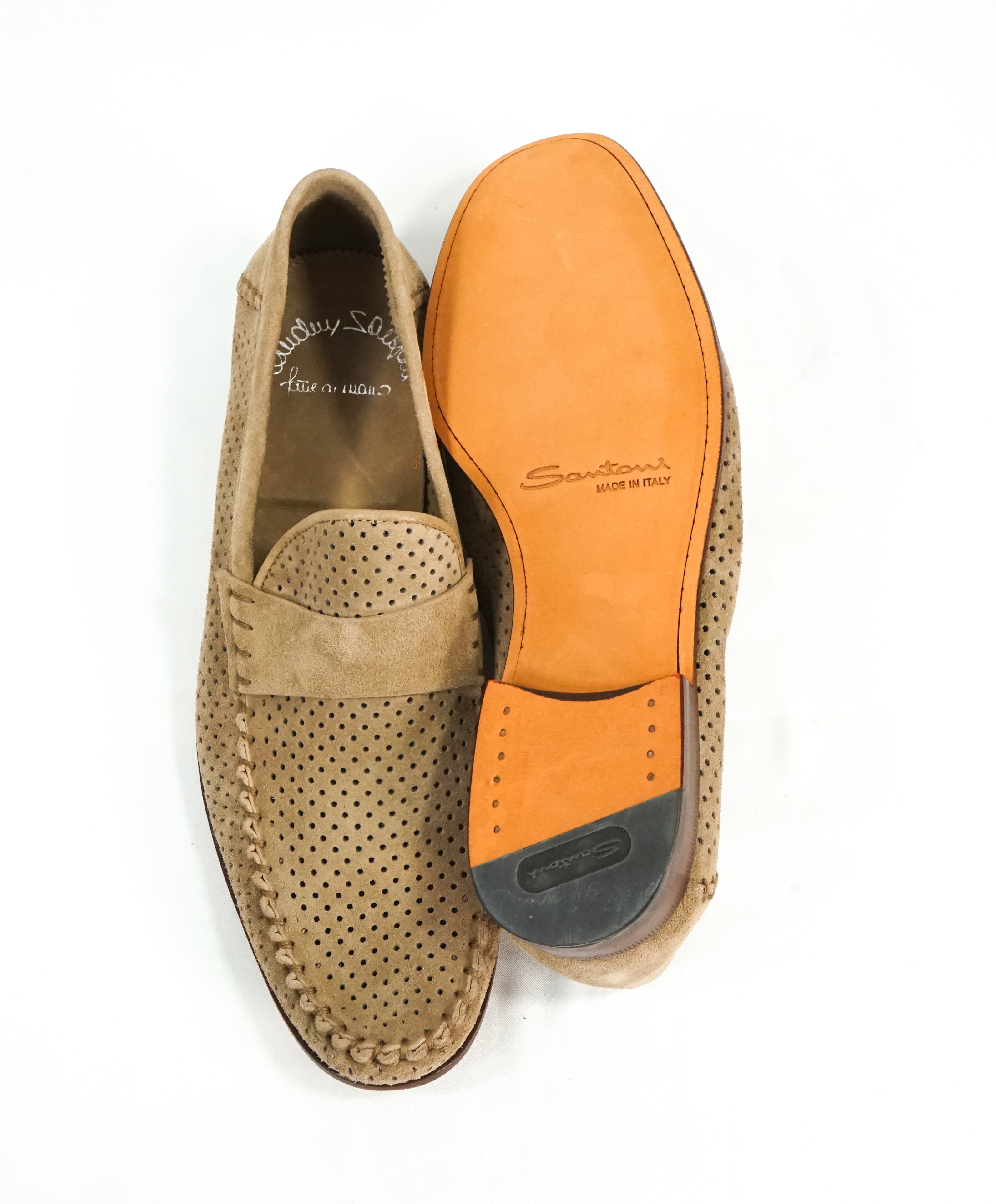 SANTONI - Beige Suede Leather Perforated Unlined Venetian Loafers - 11
