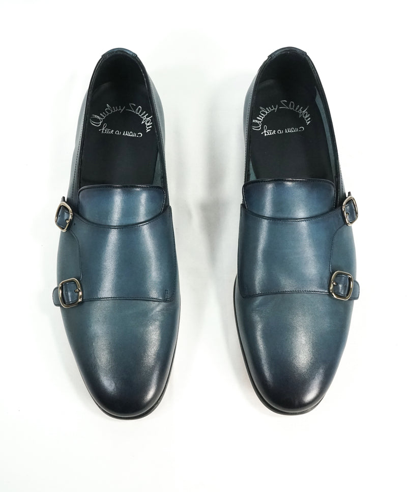 SANTONI - "Fatte A Mano" Medium Blue Hand-Patina Leather Monk Strap Loafers - 8.5