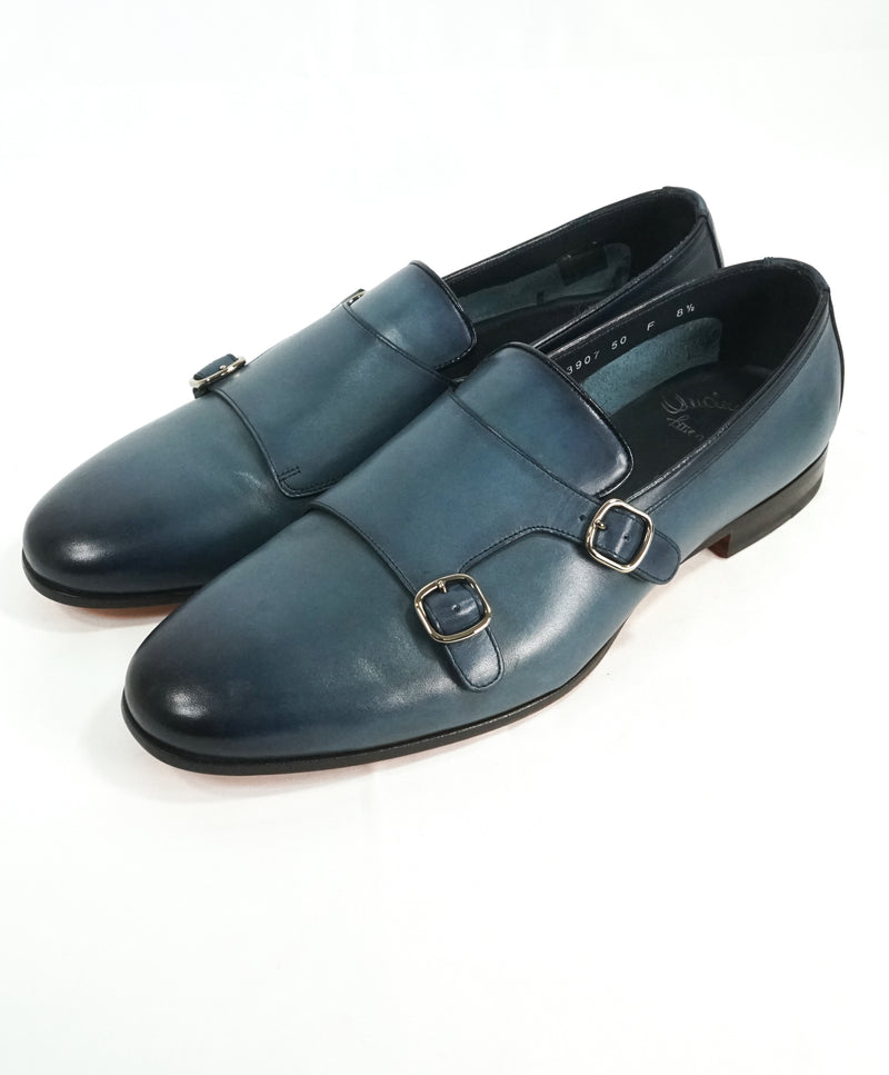 SANTONI - "Fatte A Mano" Medium Blue Hand-Patina Leather Monk Strap Loafers - 8.5