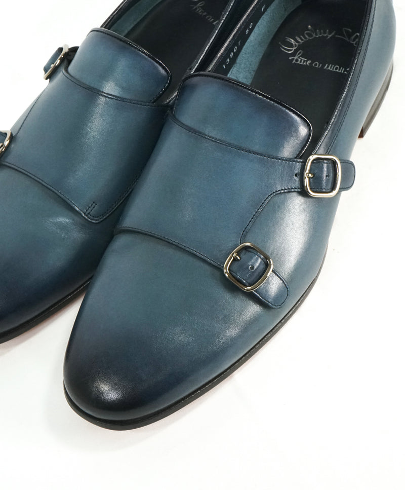 SANTONI - "Fatte A Mano" Medium Blue Hand-Patina Leather Monk Strap Loafers - 8.5