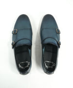 SANTONI - "Fatte A Mano" Medium Blue Hand-Patina Leather Monk Strap Loafers - 9.5