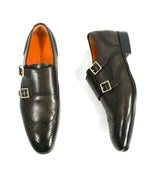 SANTONI - "Belmont” Black/Gray & Gold Wingtip Leather Monk Strap Loafers - 8