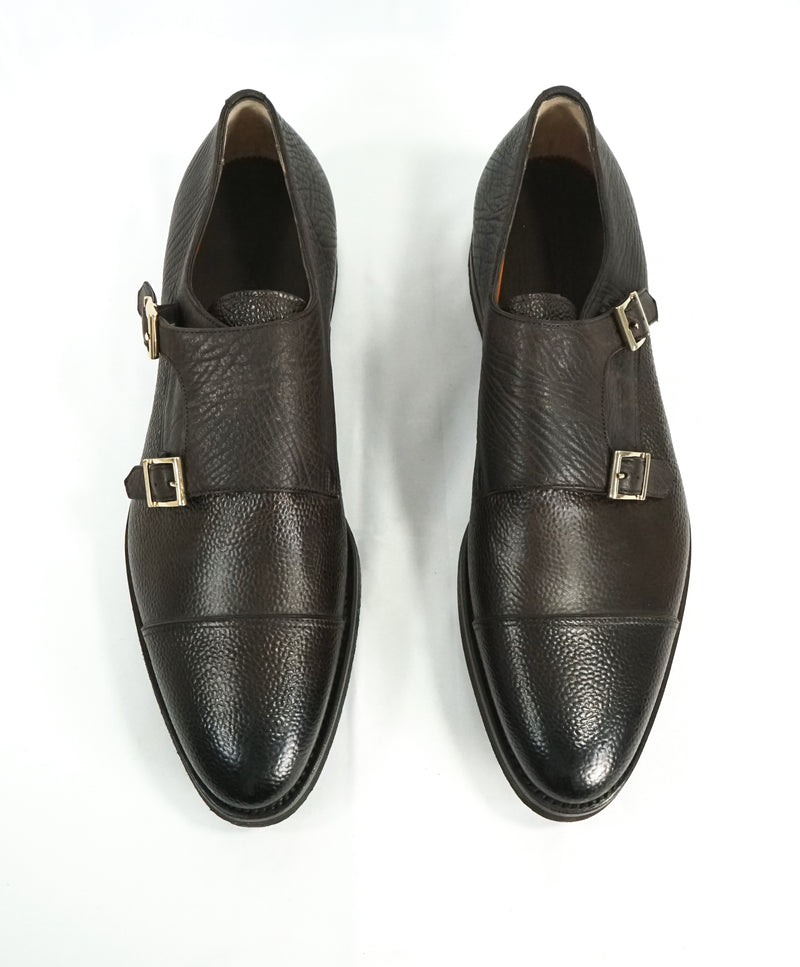 SANTONI - "GOODYEAR WELT” Mixed Pebbled & Grain Leather Monk Strap Loafers - 10.5