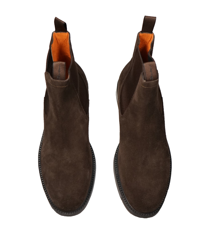 SANTONI - Brown Suede Ankle Chelsea Boot W Logo Straps - 10