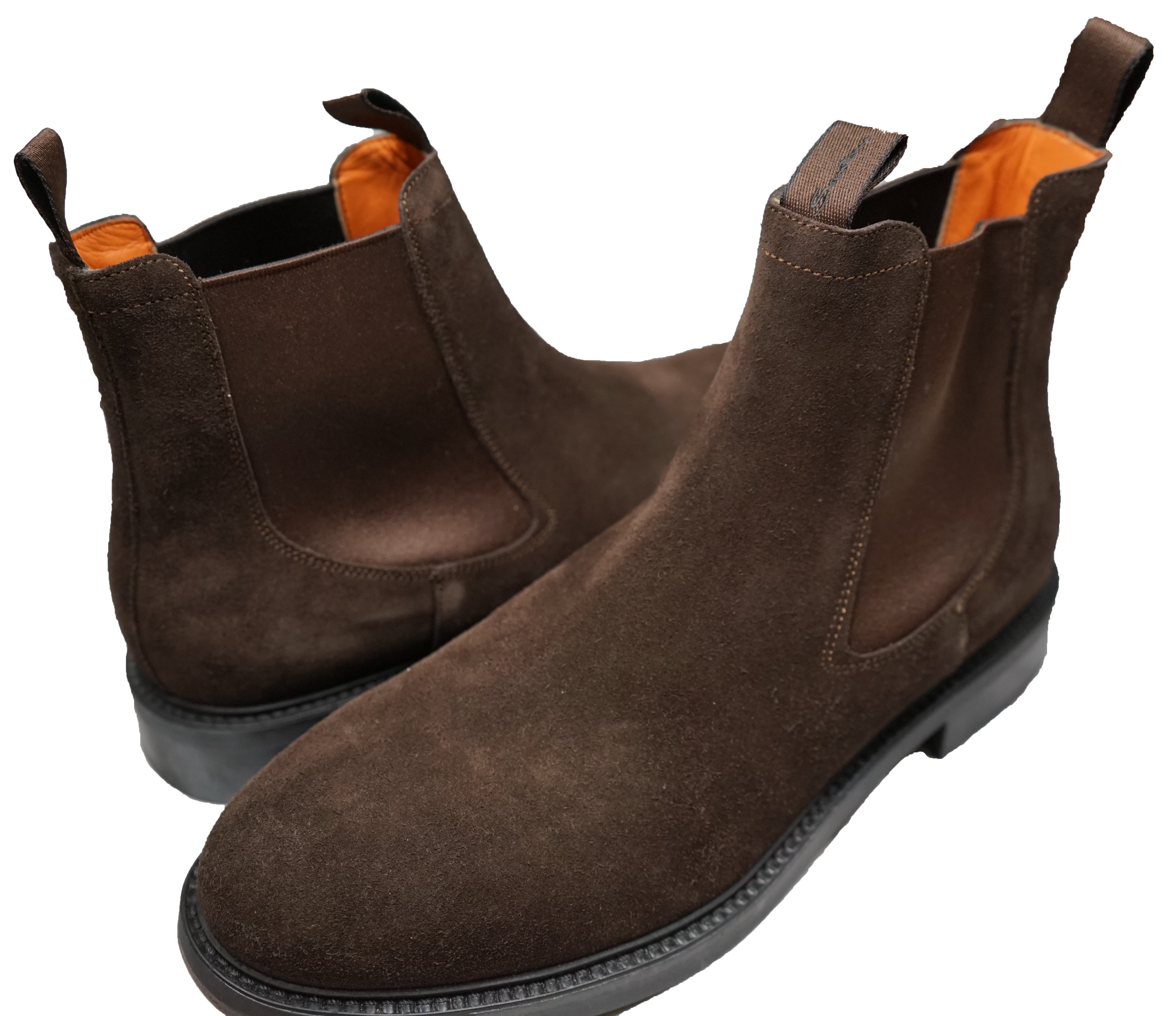 SANTONI - Brown Suede Ankle Chelsea Boot W Logo Straps - 10