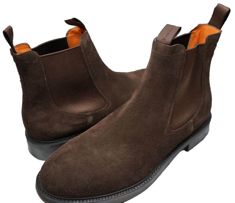 SANTONI - Brown Suede Ankle Chelsea Boot W Logo Straps - 10