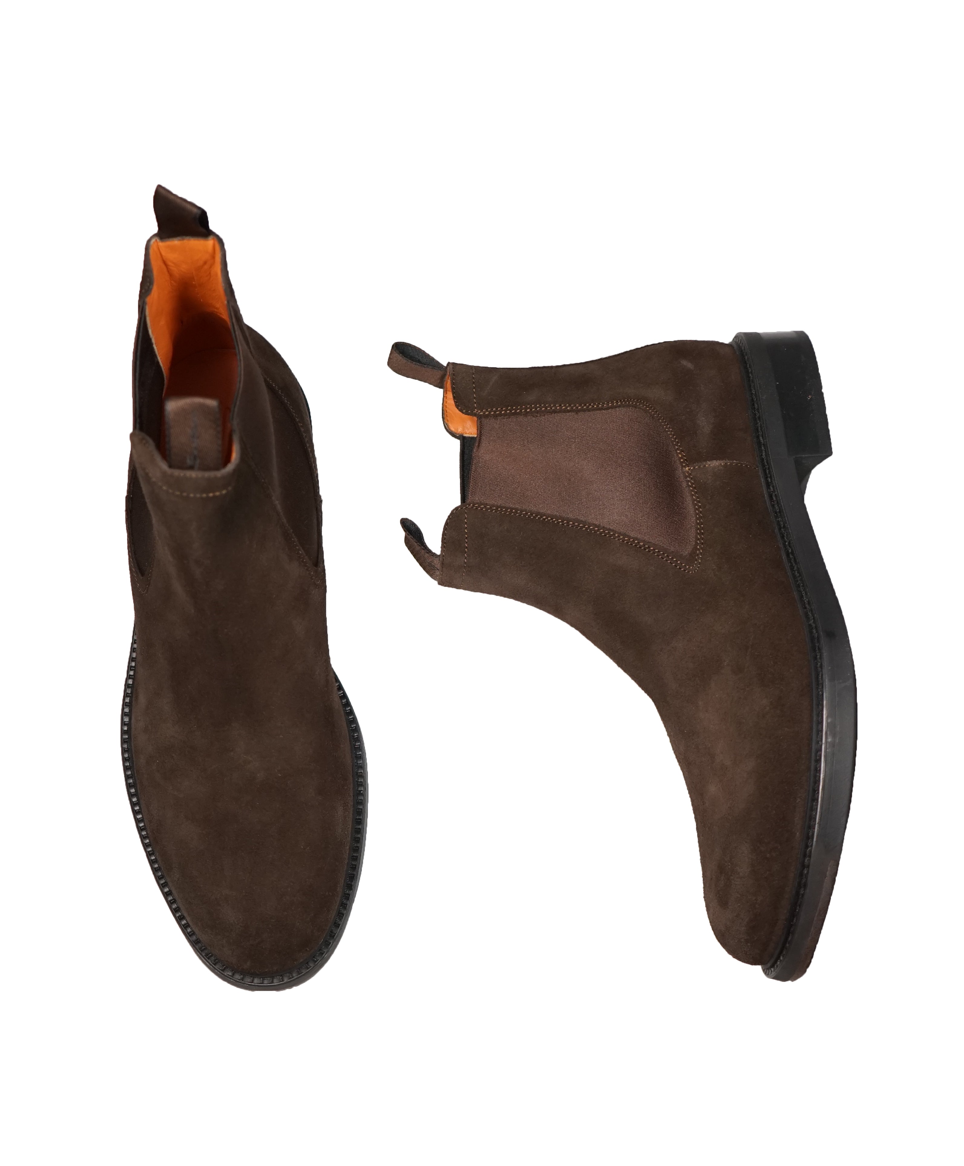 SANTONI - Brown Suede Ankle Chelsea Boot W Logo Straps - 10