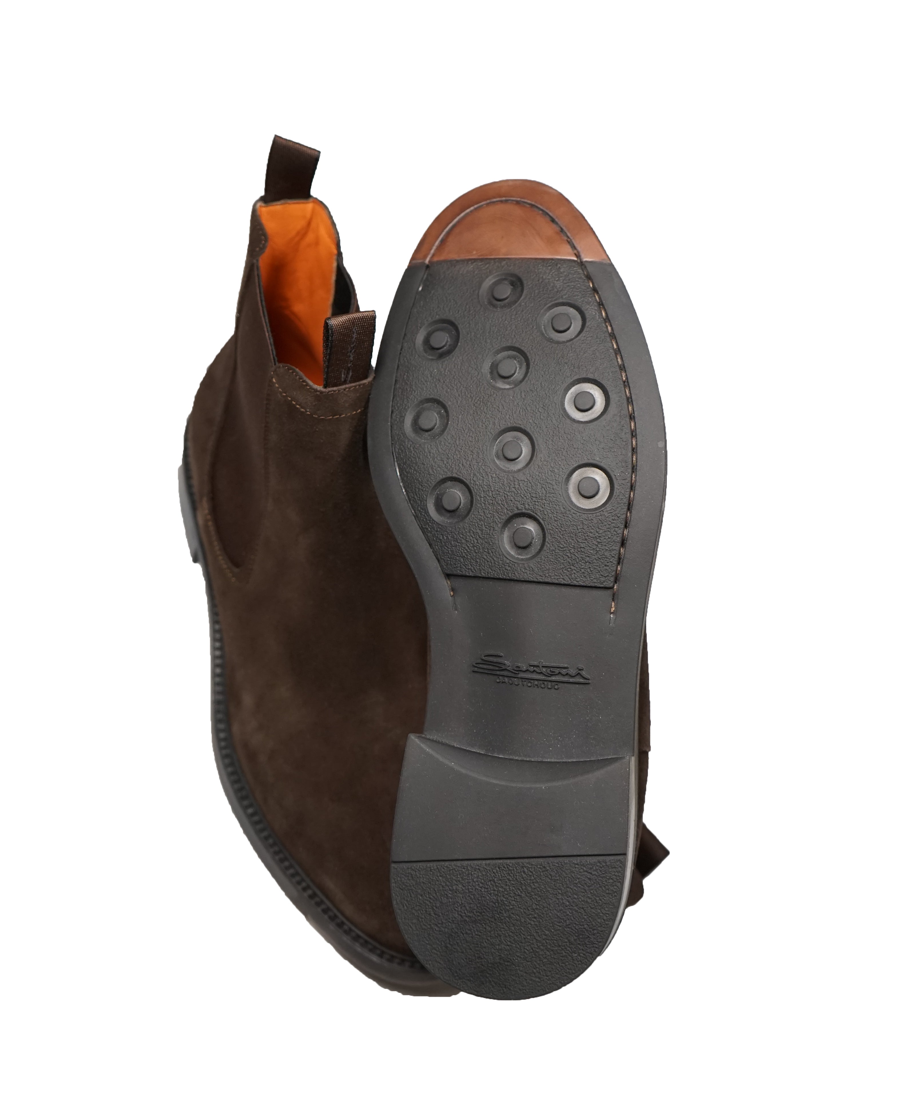 SANTONI - Brown Suede Ankle Chelsea Boot W Logo Straps - 10