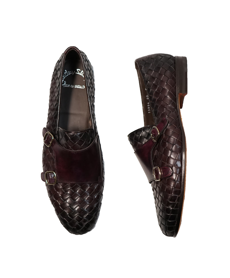 SANTONI - Hand-Antiqued Woven Leather Monk Strap Loafers - 9.5