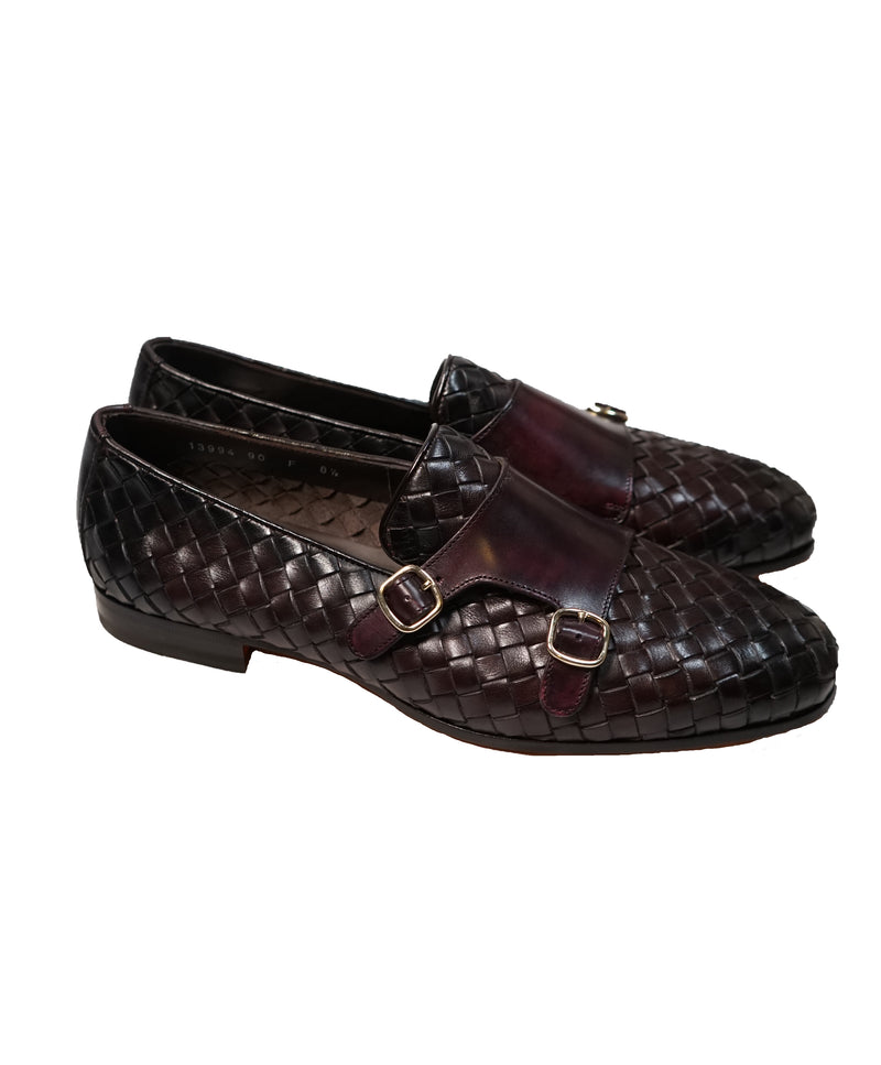 SANTONI - Hand-Antiqued Woven Leather Monk Strap Loafers - 9.5