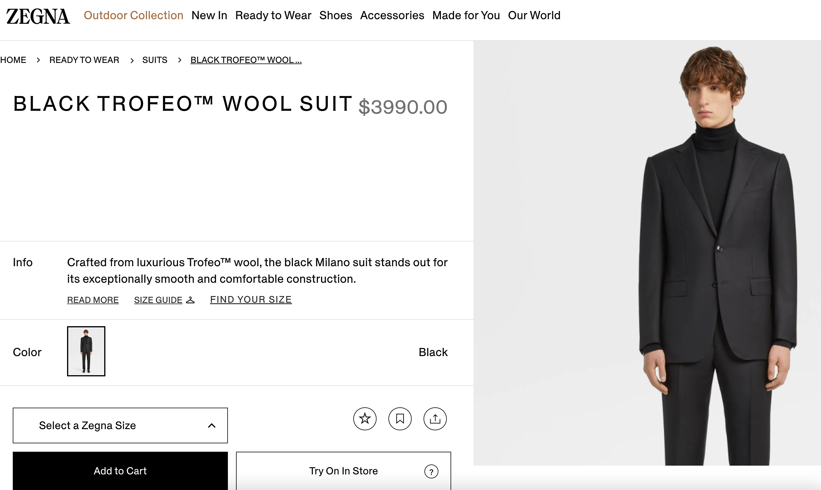 $3,995 ERMENEGILDO ZEGNA -"TROFEO" MILANO Black CLOSET STAPLE Suit - 42R