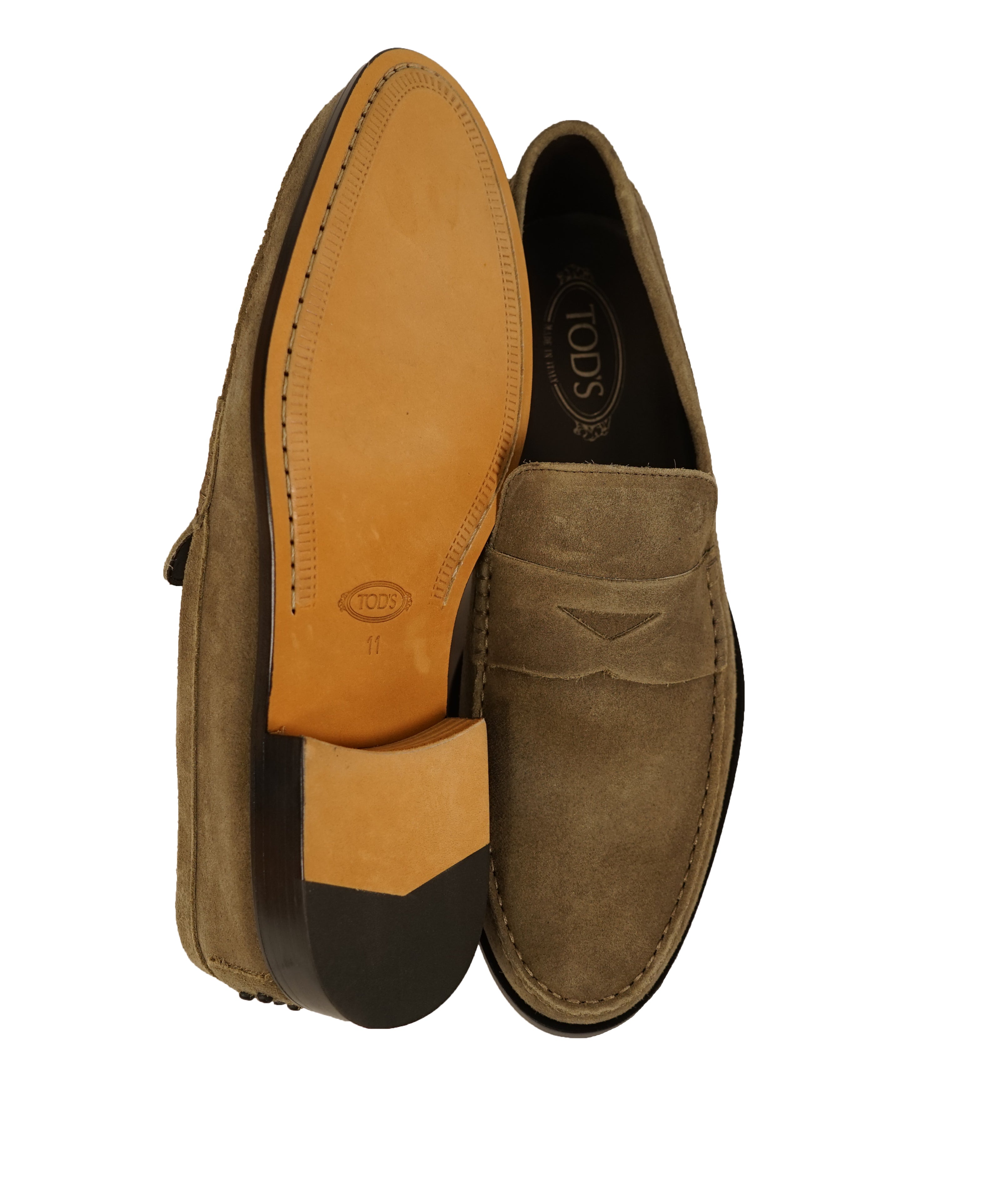 TOD’S - Brown Distressed Suede Penny Loafers “Boston” “Devon” Leather Sole - 12.5