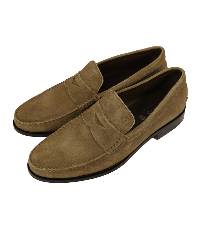 TOD’S - Brown Distressed Suede Penny Loafers “Boston” “Devon” Leather Sole - 12.5