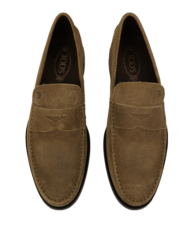 TOD’S - Brown Distressed Suede Penny Loafers “Boston” “Devon” Leather Sole - 12