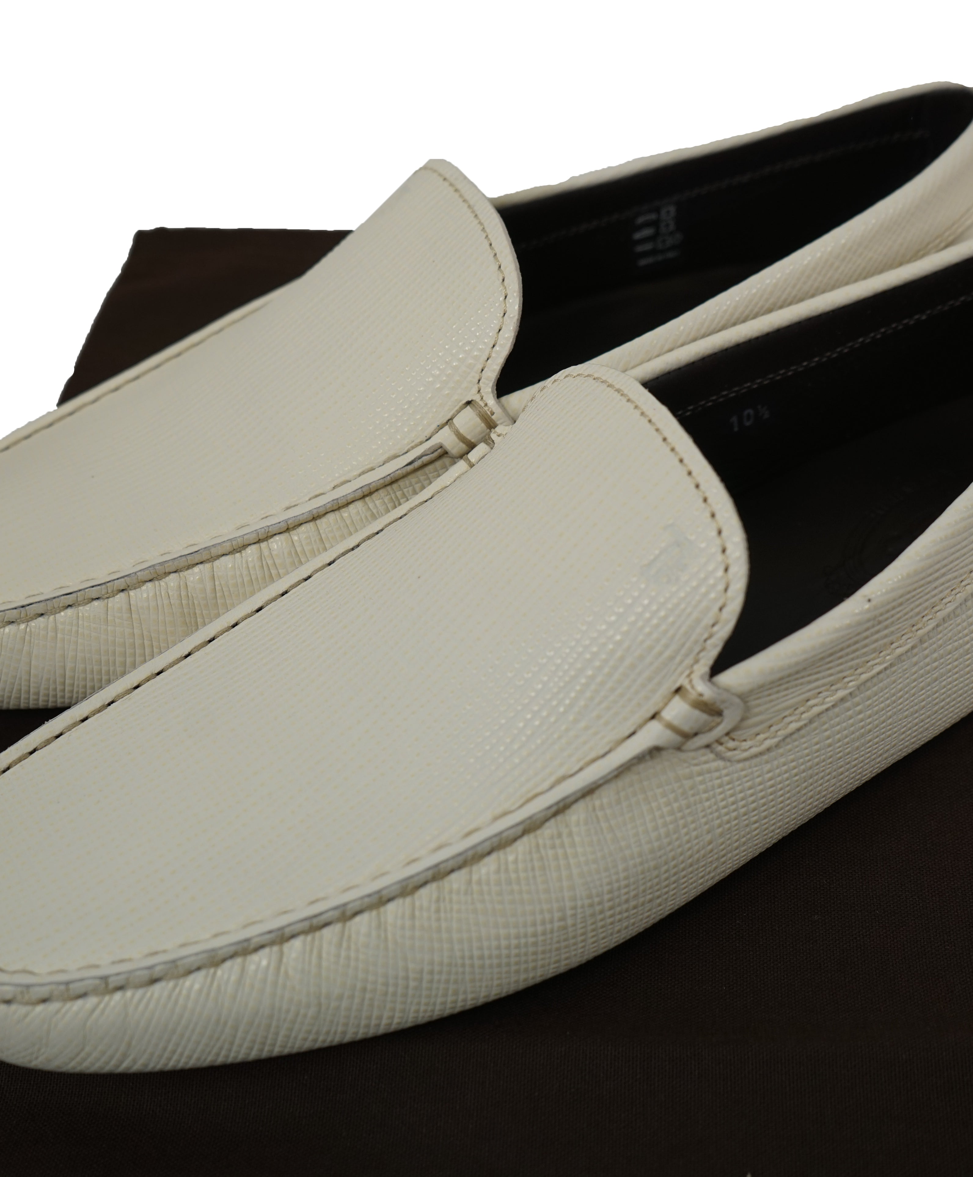 TOD’S - Off White Textured Logo Vamp Leather “Gommini” Loafers- 11.5