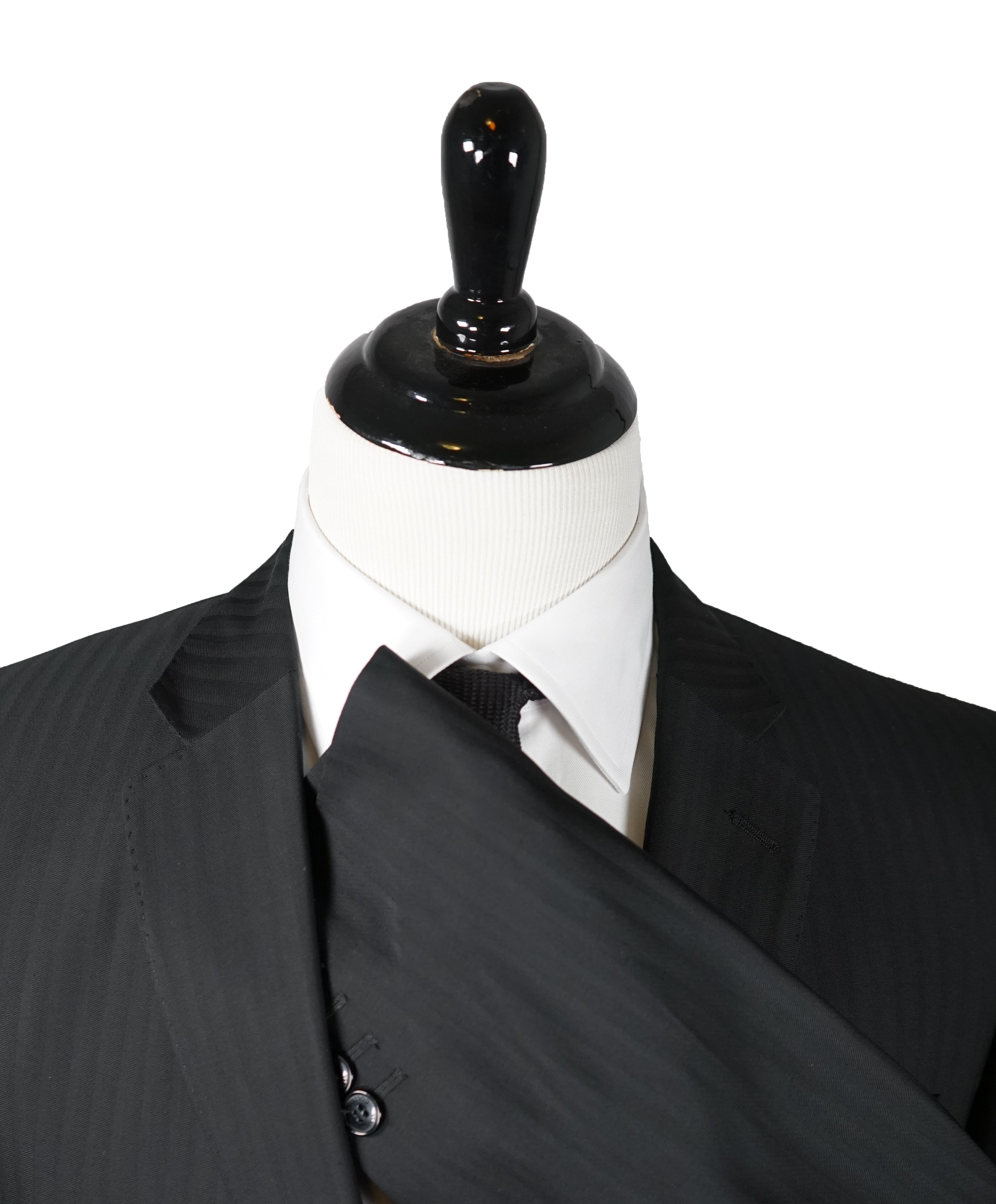 VERSACE COLLECTION - Black Tonal Herringbone Suit With Logo Buttons  - 46R