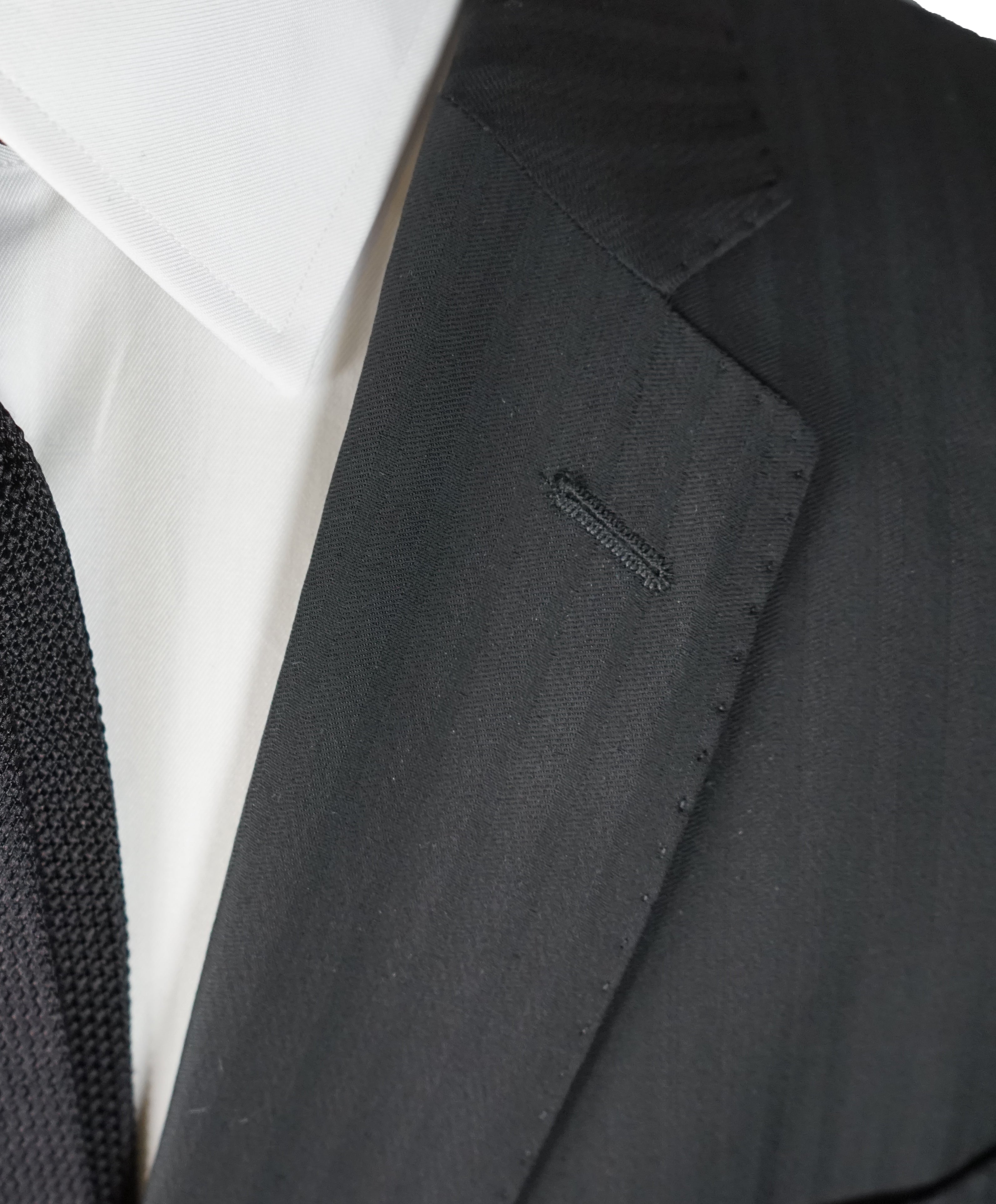 VERSACE COLLECTION - Black Tonal Herringbone Suit With Logo Buttons  - 46R