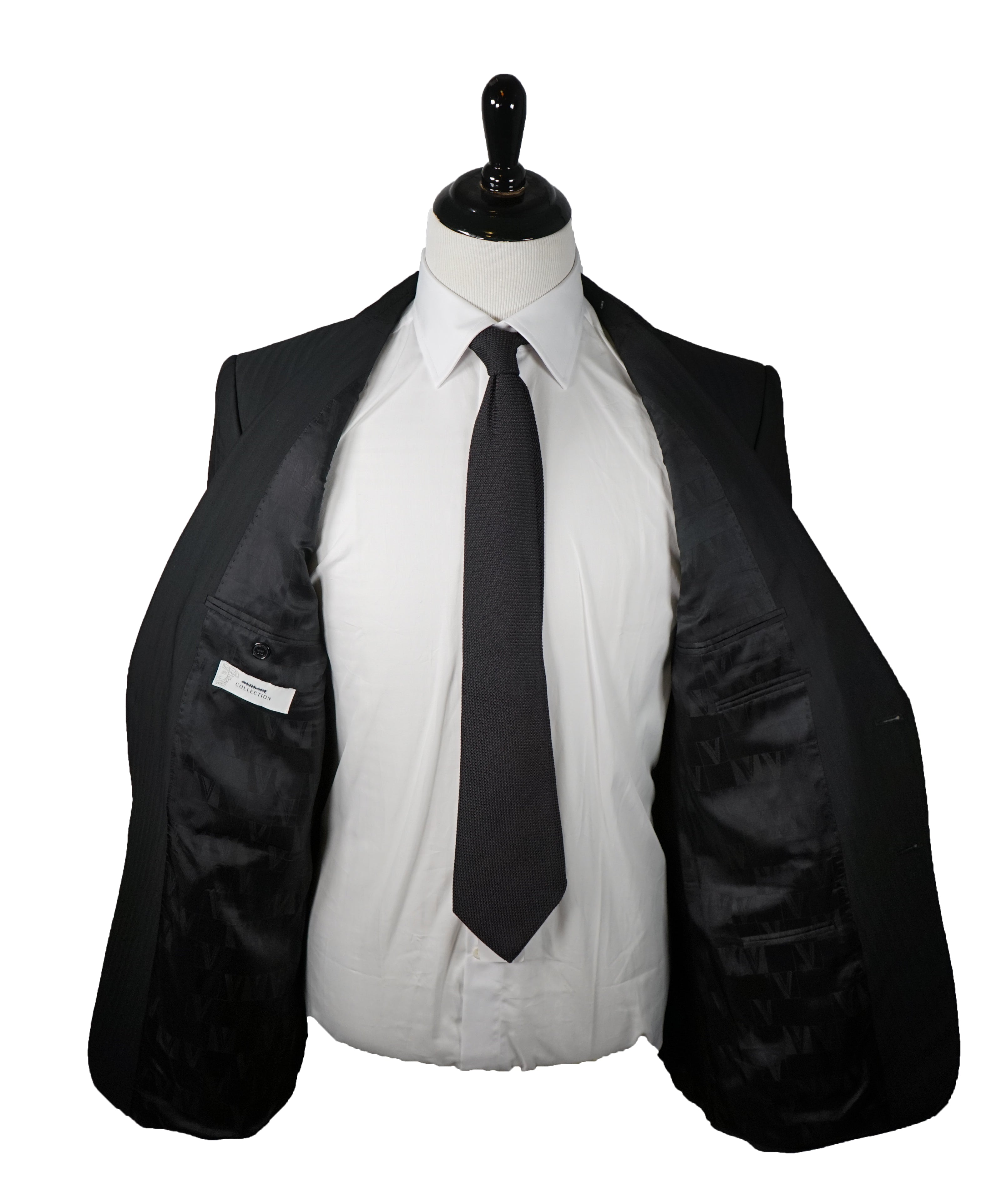 VERSACE COLLECTION - Black Tonal Herringbone Suit With Logo Buttons  - 46R