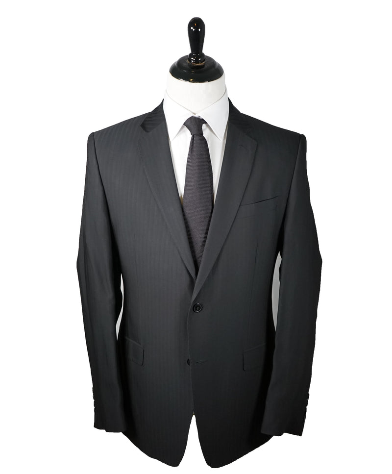 VERSACE COLLECTION - Black Tonal Herringbone Suit With Logo Buttons  - 46R