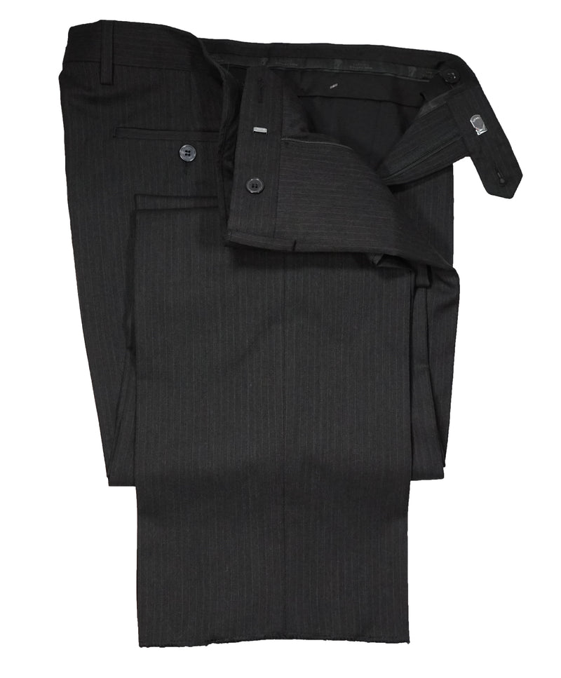 VERSACE COLLECTION - Charcoal Tonal Stripe MOP Logo Button Wool Pants - 33W