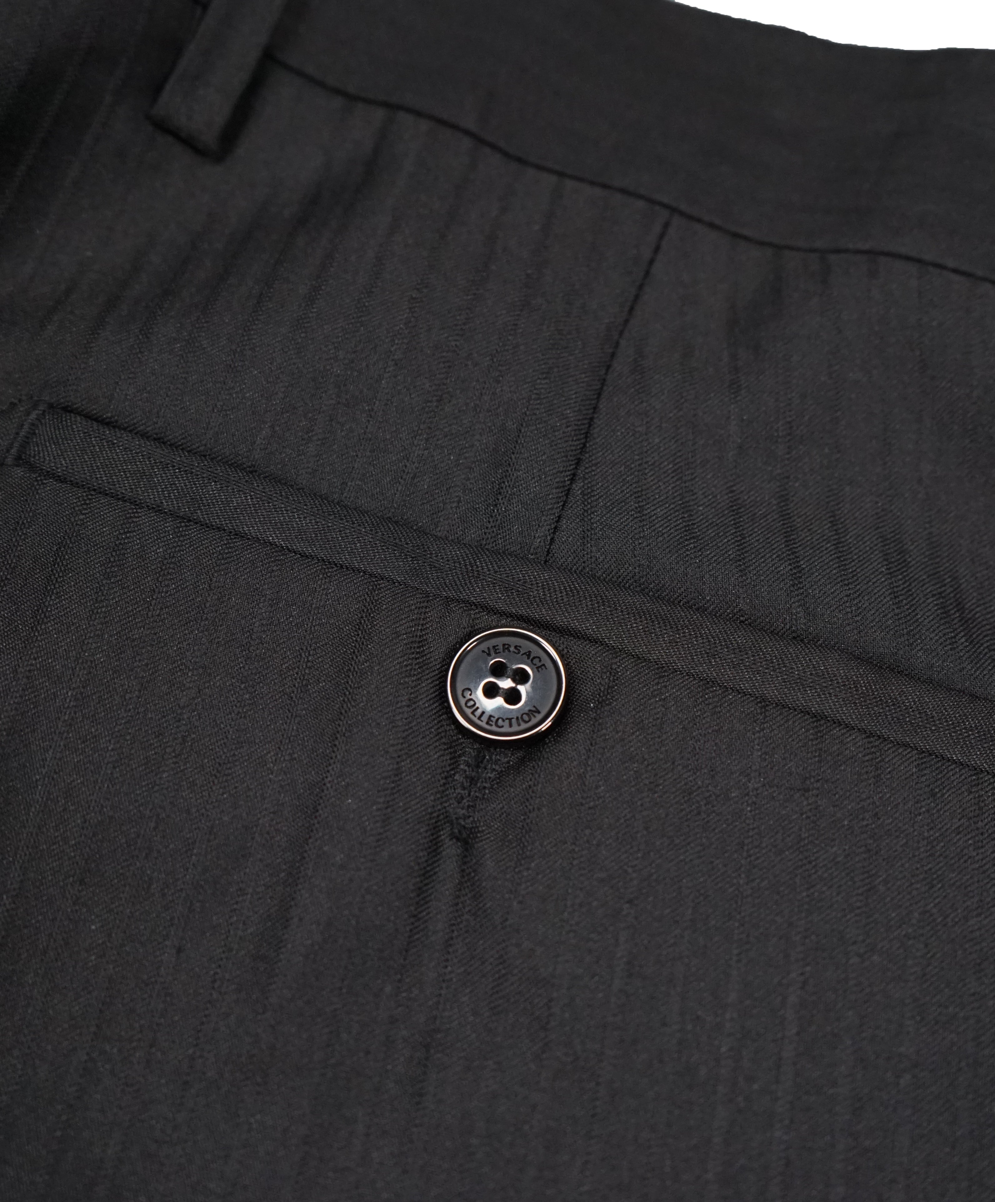 VERSACE COLLECTION - Tonal Black Sharkskin Stripe Logo Button Dress Pants - 33W