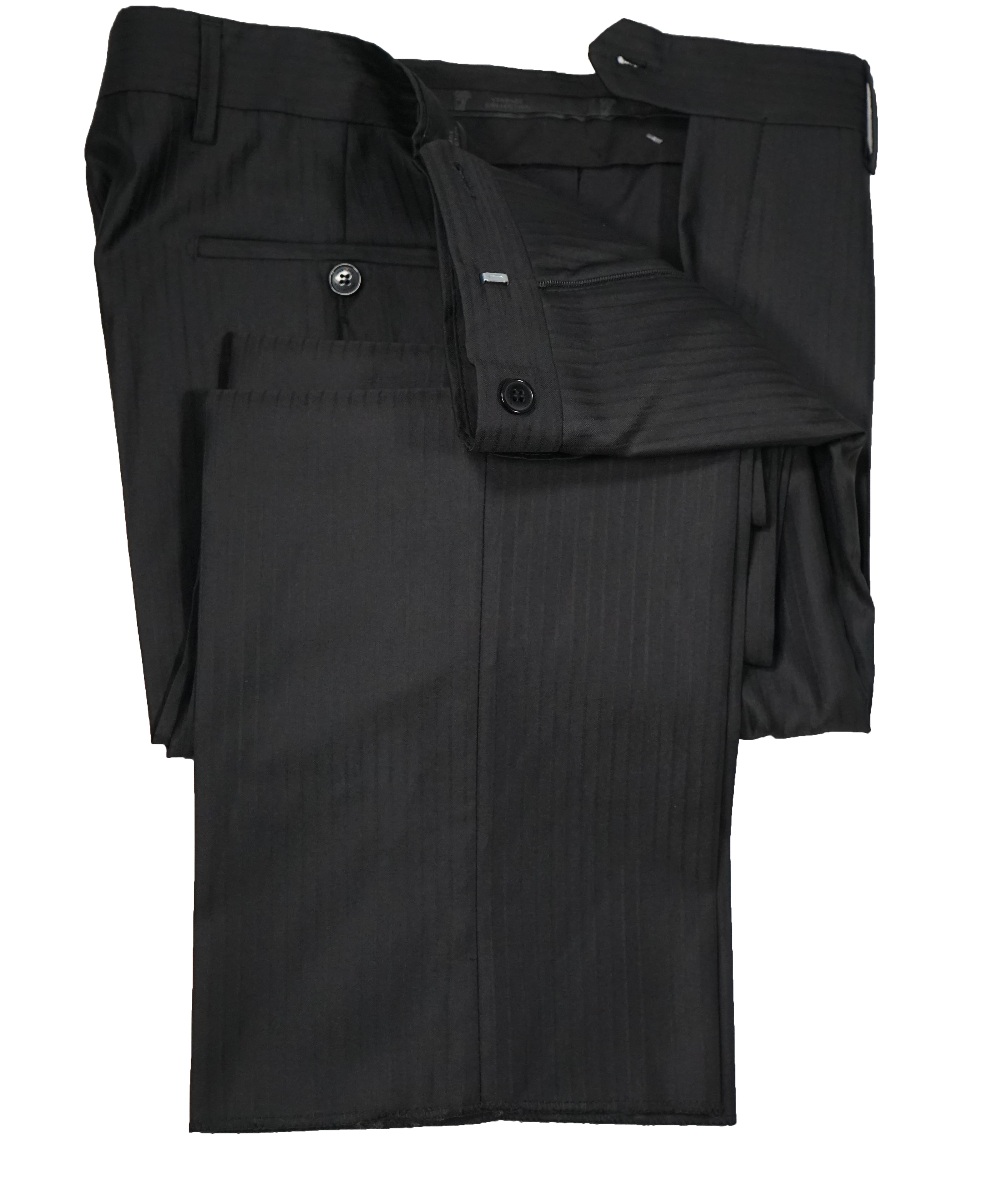 VERSACE COLLECTION - Tonal Black Sharkskin Stripe Logo Button Dress Pants - 33W