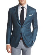 ERMENEGILDO ZEGNA - Teal Blue Herringbone “95% Cashmere & Silk” Blazer - 46R